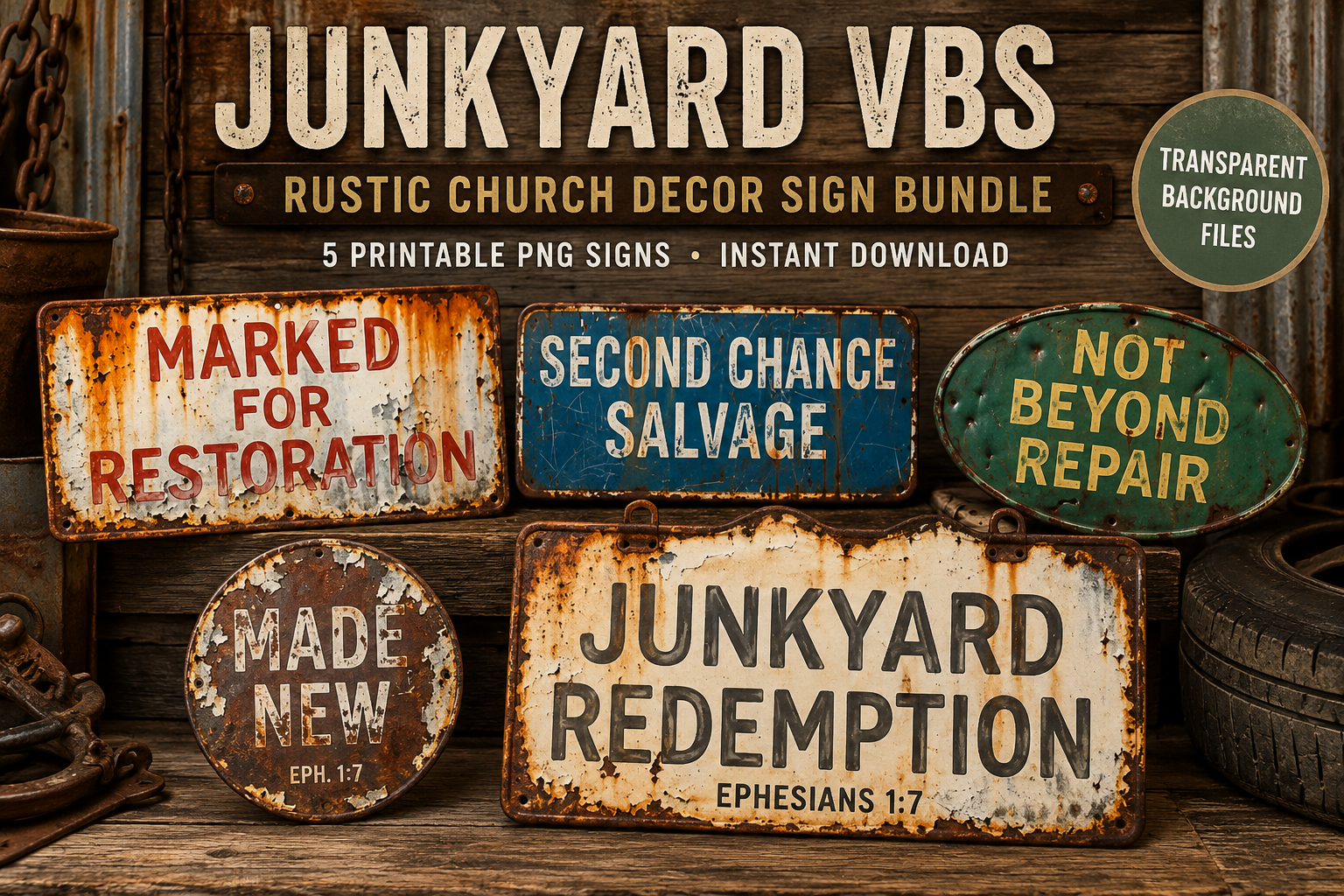 Junkyard VBS Signs Bundle | Rustic Salvage Yard Church Decor | Printable PNG Files | Redemption Theme