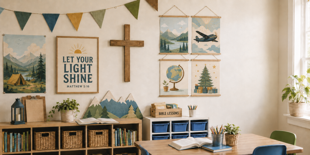 Church classroom decorated with printable VBS and Sunday School decor