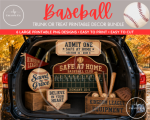Baseball Trunk or Treat printable decor bundle displayed in a church fall festival trunk