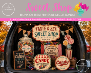 Seven Candy Shop Trunk or Treat printable PNG decorations included