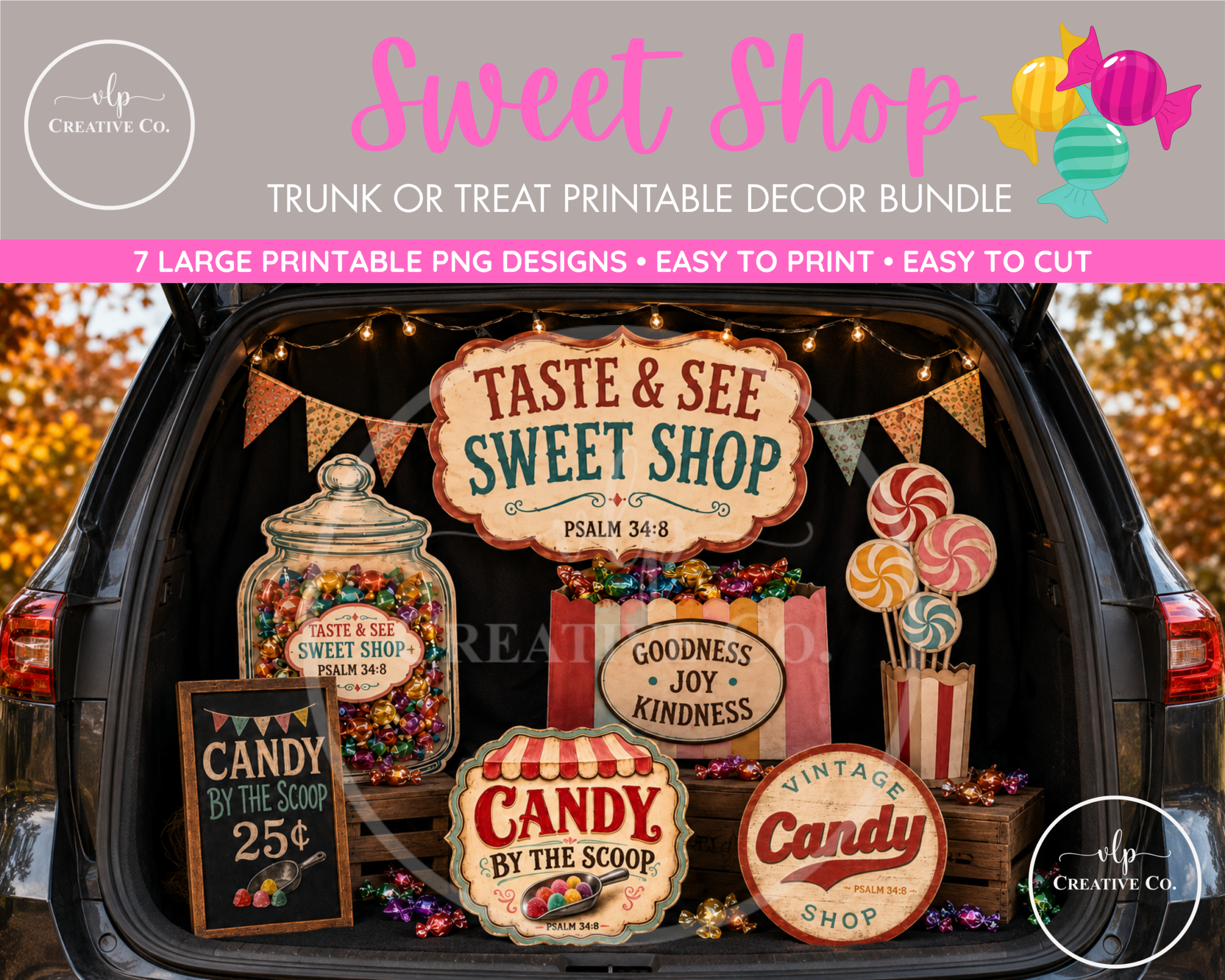 Seven Candy Shop Trunk or Treat printable PNG decorations included